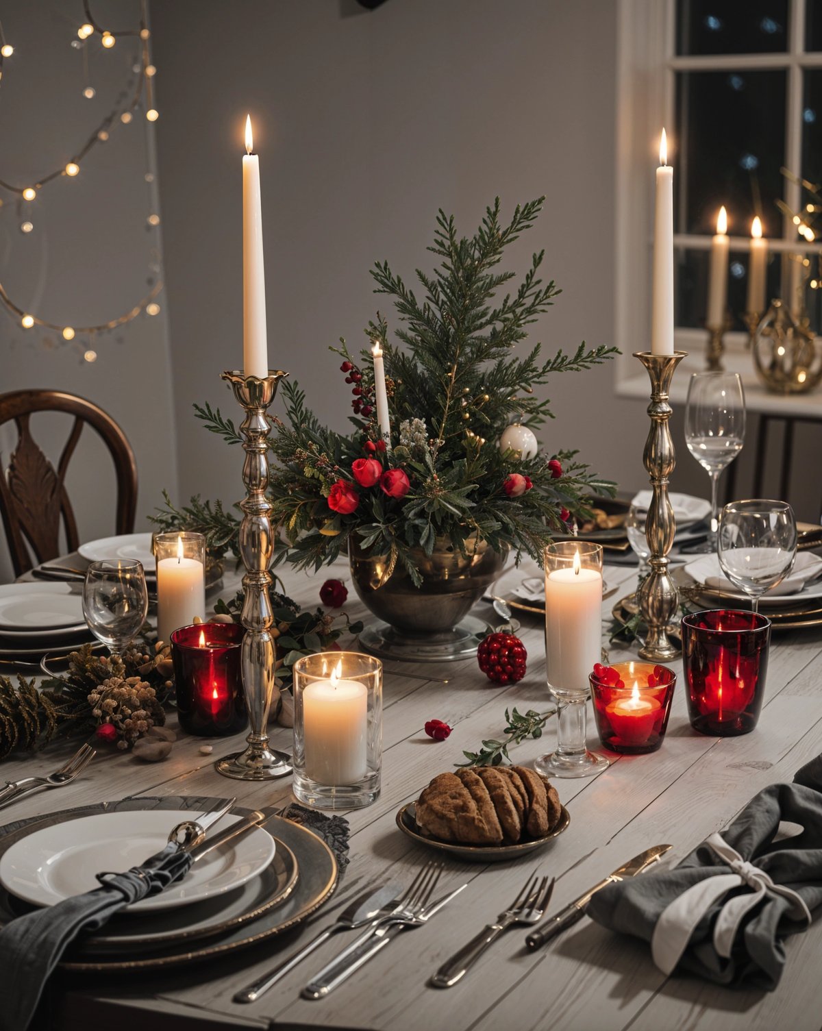 A dinner table set for a holiday meal with candles and a potted plant centerpiece.