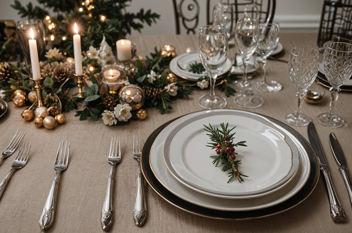 A table set for Christmas dinner with a white plate, silverware, and wine glasses.