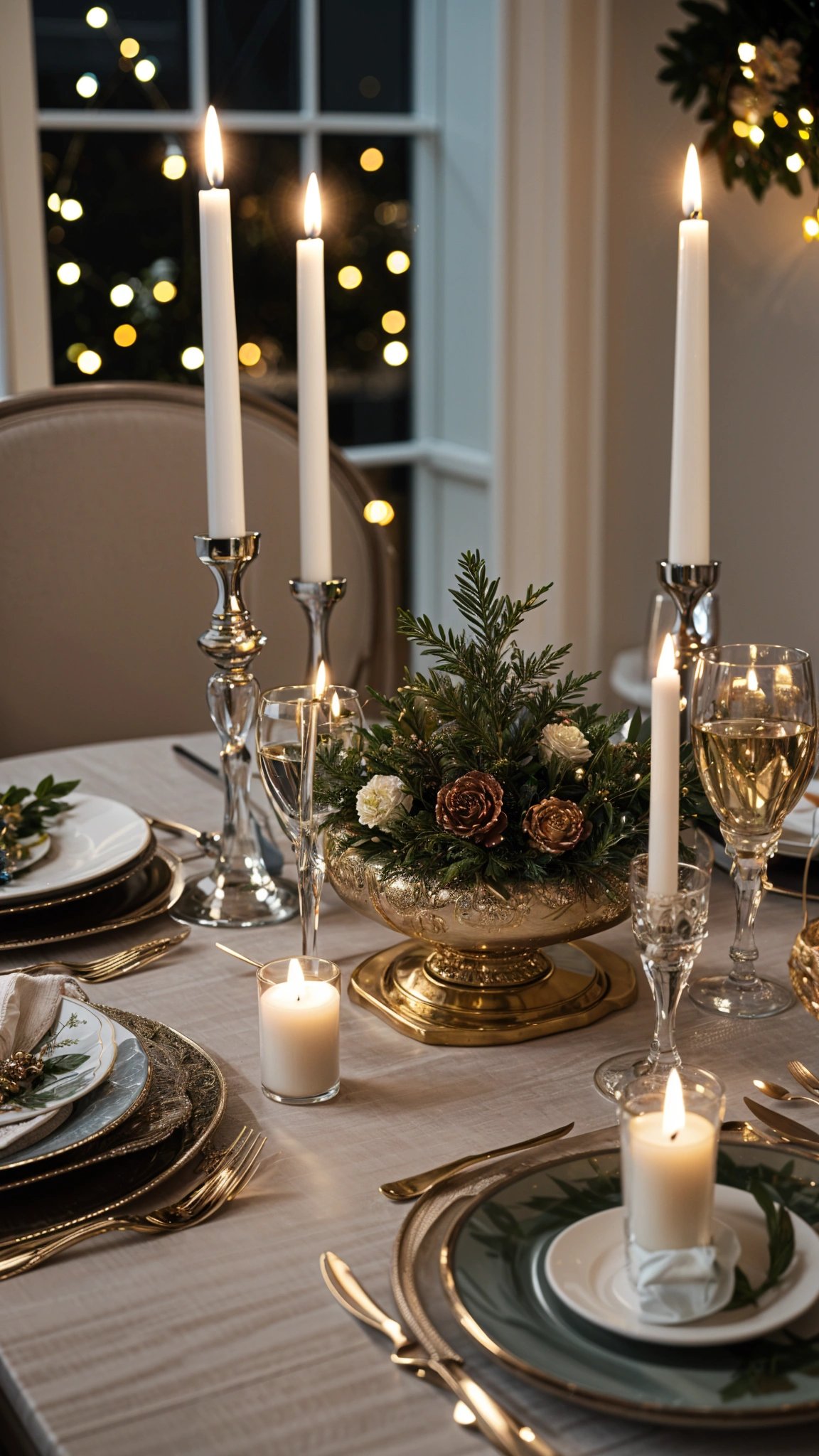 A fancy dinner table with candles, wine glasses, and a centerpiece of flowers and pine cones.