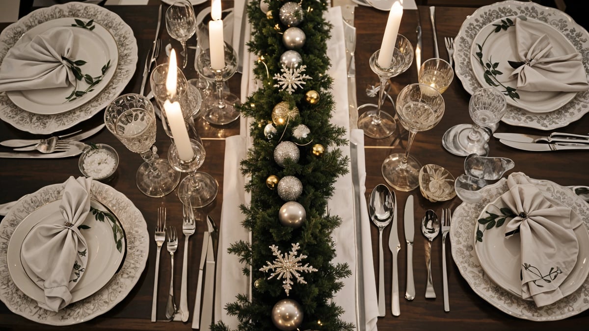 A table set for Christmas dinner with a centerpiece of a Christmas tree made of ornaments and candles. The table is set with silverware, plates, and wine glasses.