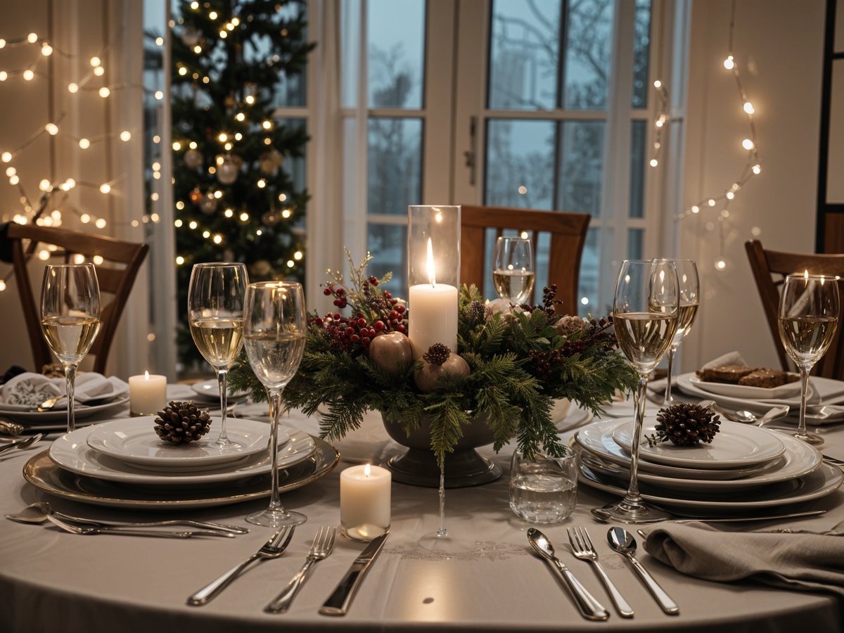 A dinner table set for a holiday dinner with candles and wine glasses.