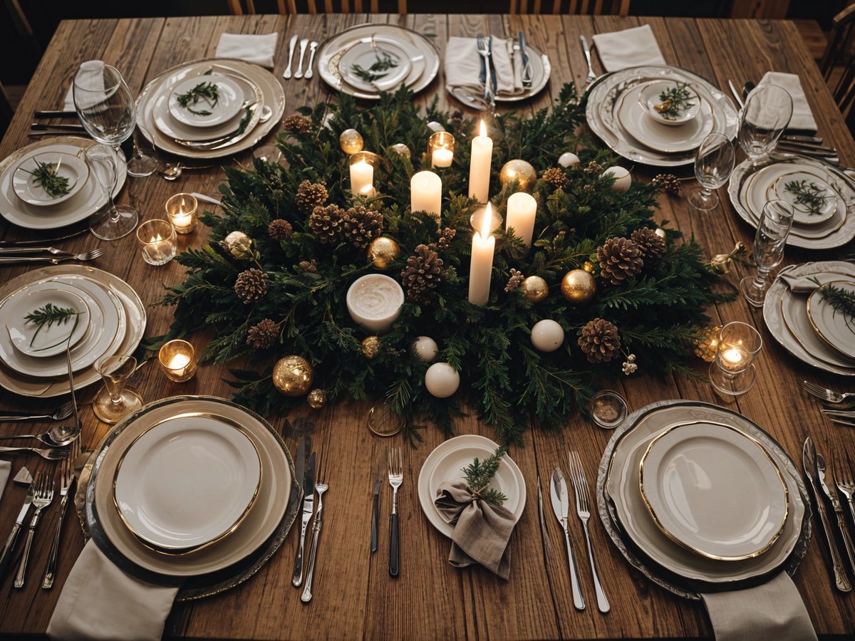 A dinner table set with candles and a centerpiece of pine cones and white ornaments.