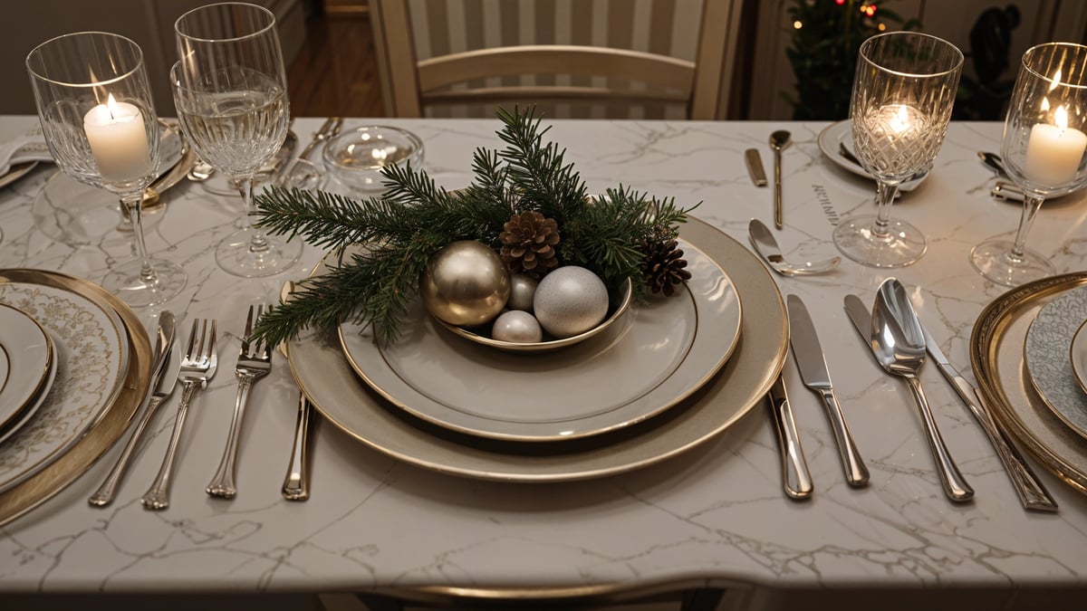 A dinner table set with a white tablecloth and gold plates, featuring a centerpiece of a bowl of ornaments. The table is set with silverware, including forks, knives, and spoons.