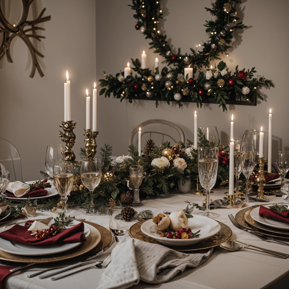 A dinner table set for a holiday meal with candles and a wreath.