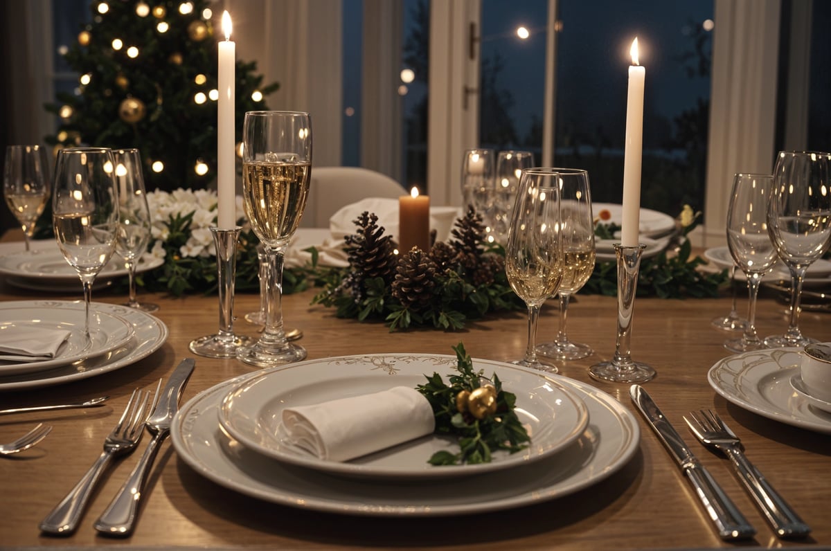 A fancy dinner table set for a holiday meal with candles and wine glasses. The table is adorned with a beautiful arrangement of pine cones and holly leaves.