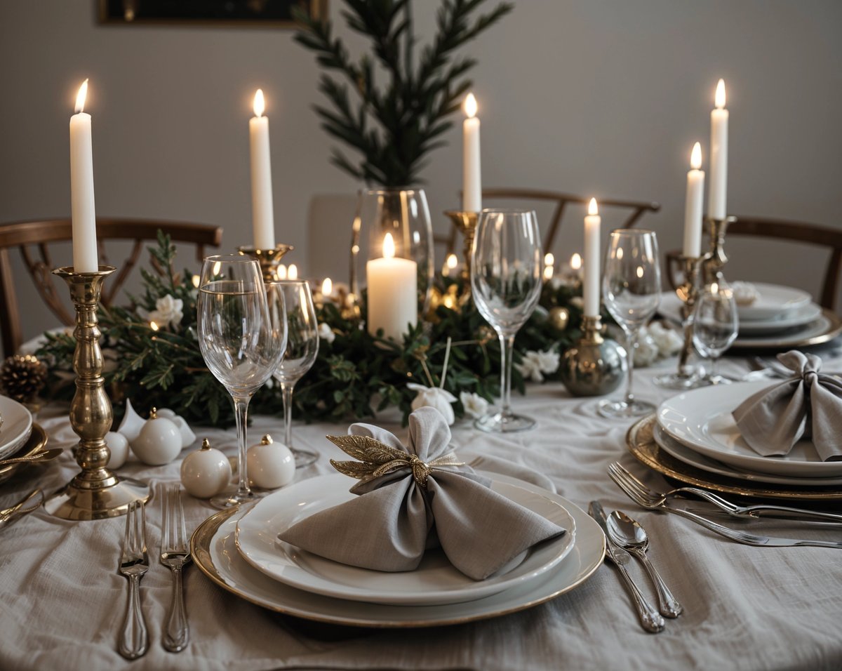 A dinner table set with candles and wine glasses, giving a warm and inviting ambiance.