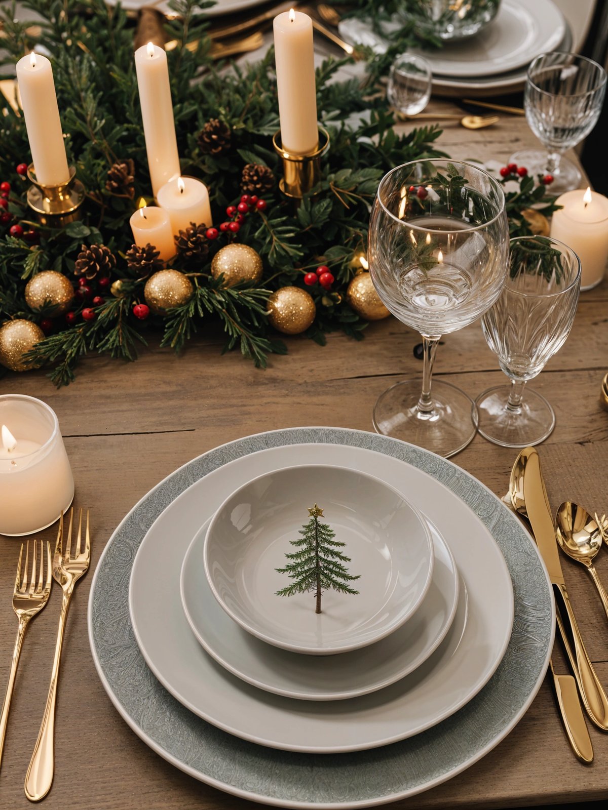 A dinner table with a bowl of tree decoration and wine glasses. The table is set for a holiday dinner with candles and a centerpiece. The tableware is white and gold. The table is made of wood and has a cozy atmosphere.