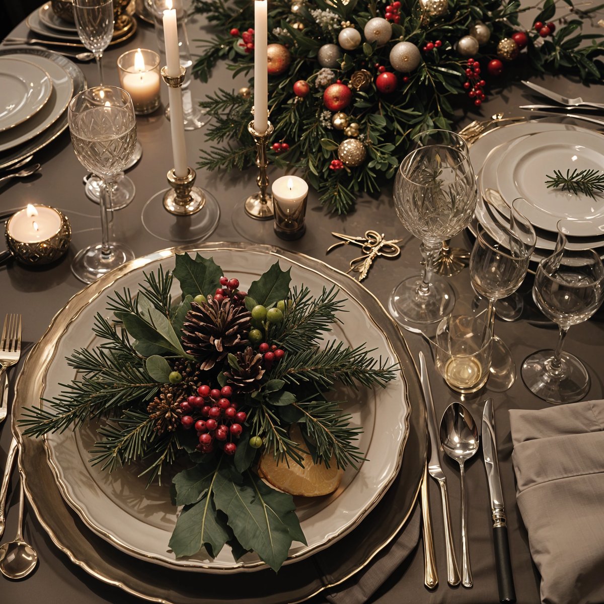 A Christmas dinner table set with pine cones and berries as a centerpiece. The table is set with plates, glasses, silverware, and candles.