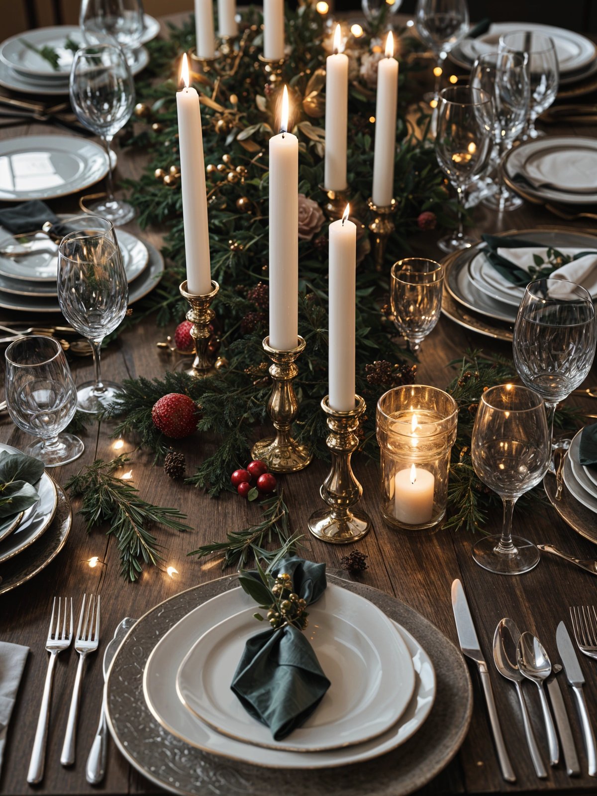 A dinner table set for a holiday dinner with candles and a pine tree centerpiece.