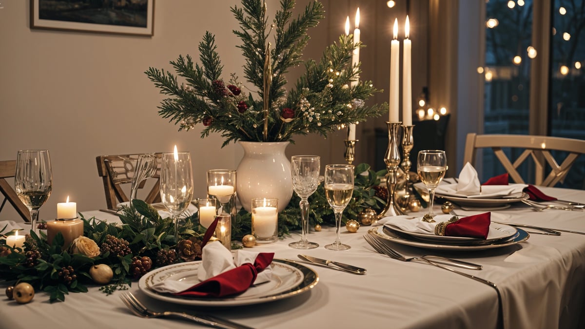 A dinner table set with candles, wine glasses, and a vase of pine branches. The table is adorned with red napkins and silverware.