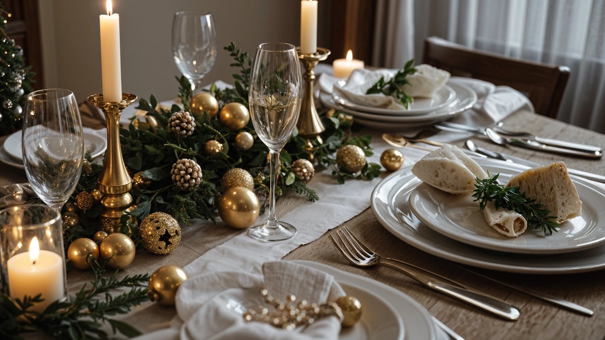A dinner table set for a festive meal with gold ornaments and candlelight.