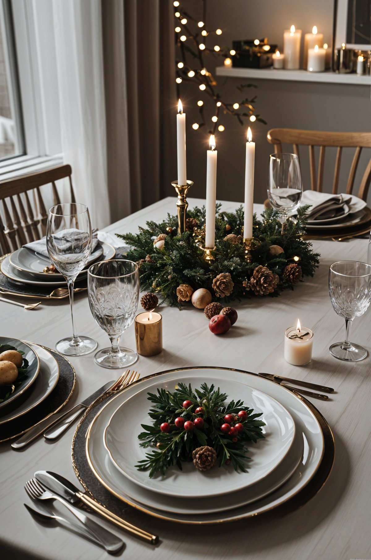 A dinner table set with candles, plates, and wine glasses. The table is adorned with a centerpiece of a wreath and ornaments.