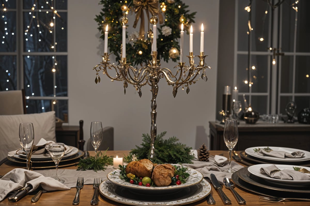 A dinner table set with a chicken and pinecone centerpiece, candles, and wine glasses