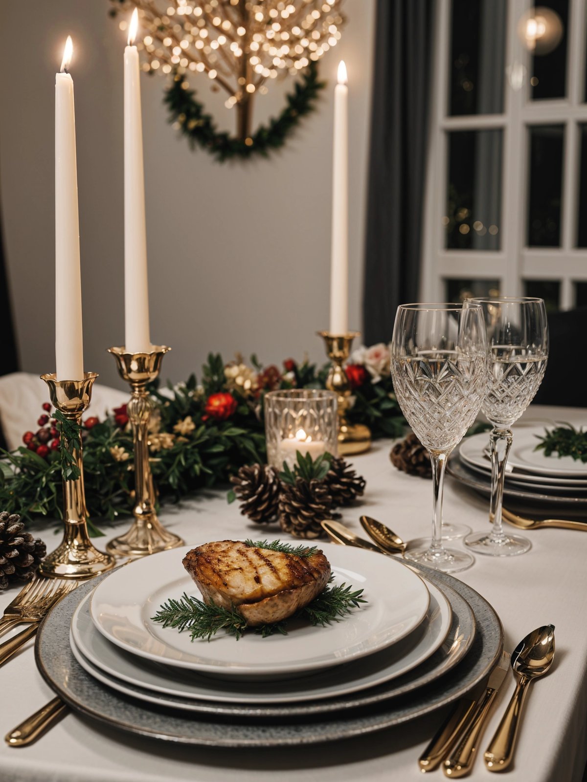 A dinner table with candles and wine glasses, set for a romantic dinner for two.