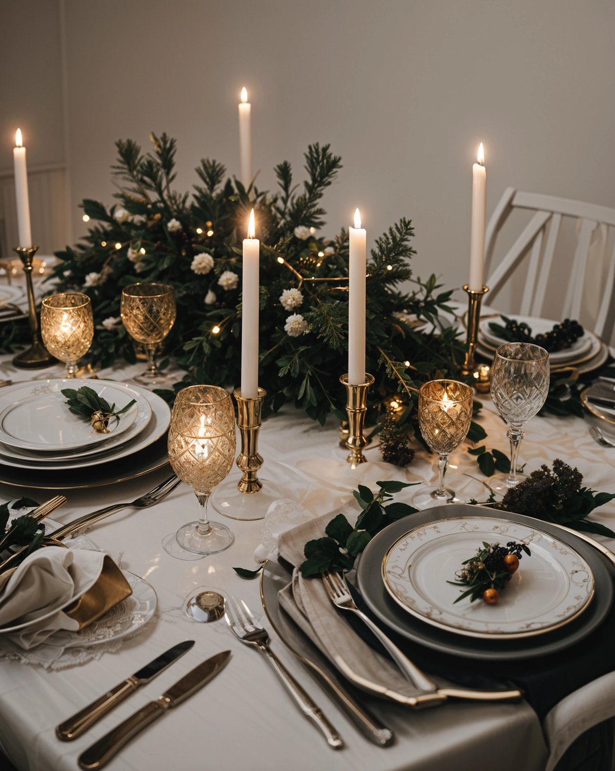 A dinner table set with candles and greenery. The table is set with plates, glasses, forks, knives, and spoons.