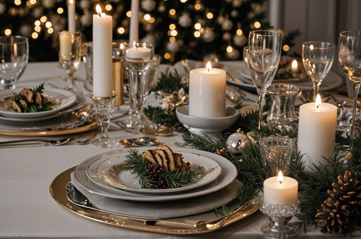 A dinner table set with candles and a plate of food.