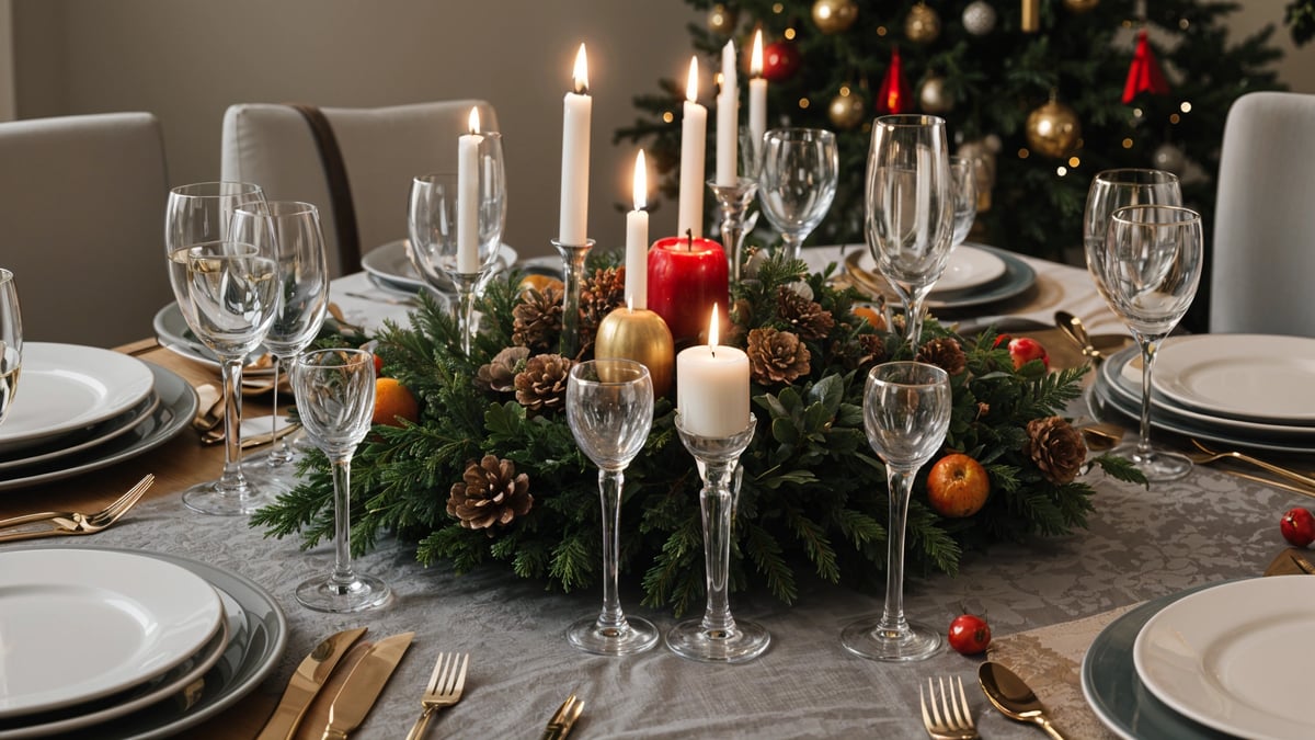 A fancy dinner table set for Christmas with wine glasses, candles, and a centerpiece of pine cones and ornaments.