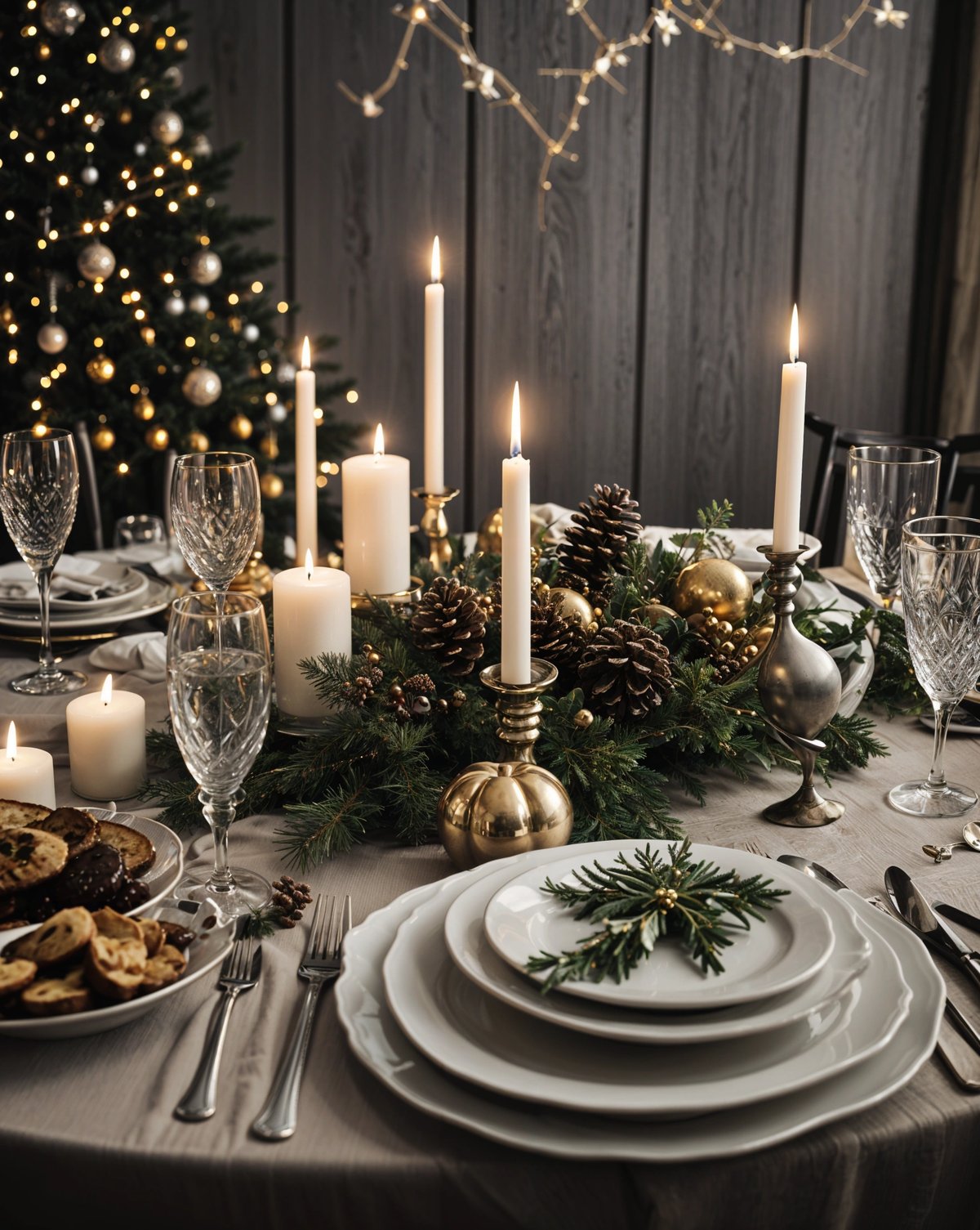 A fancy dinner table with a Christmas tree in the background. The table is set with plates, forks, knives, and wine glasses. The table is adorned with candles and pine cones, creating a warm and festive atmosphere.