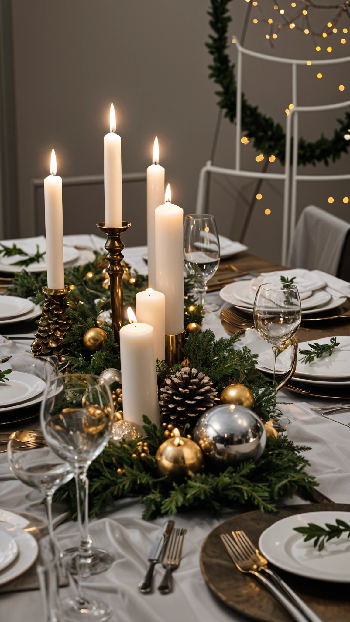 A table set with candles, wine glasses, and plates. The centerpiece is a beautiful arrangement of candles and pine cones.