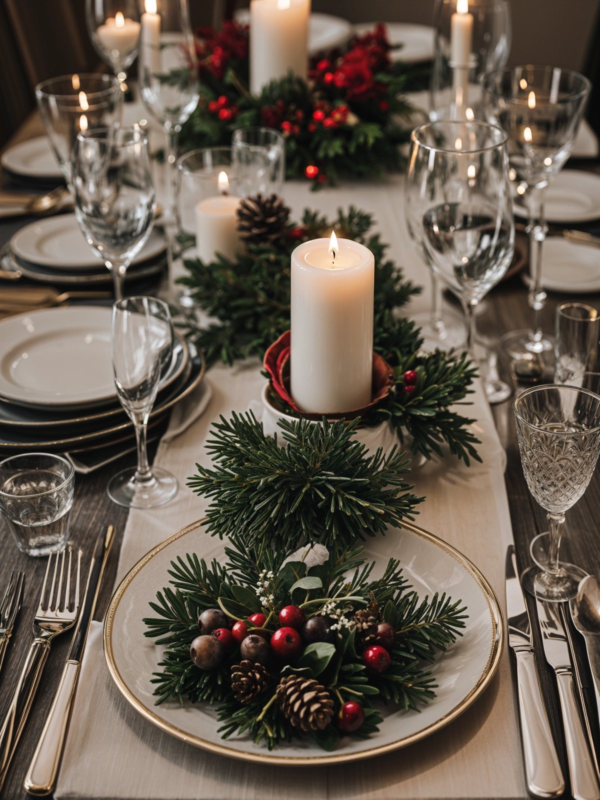 A table set for a Christmas dinner with candles, pine cones, and a lit candle in the center.