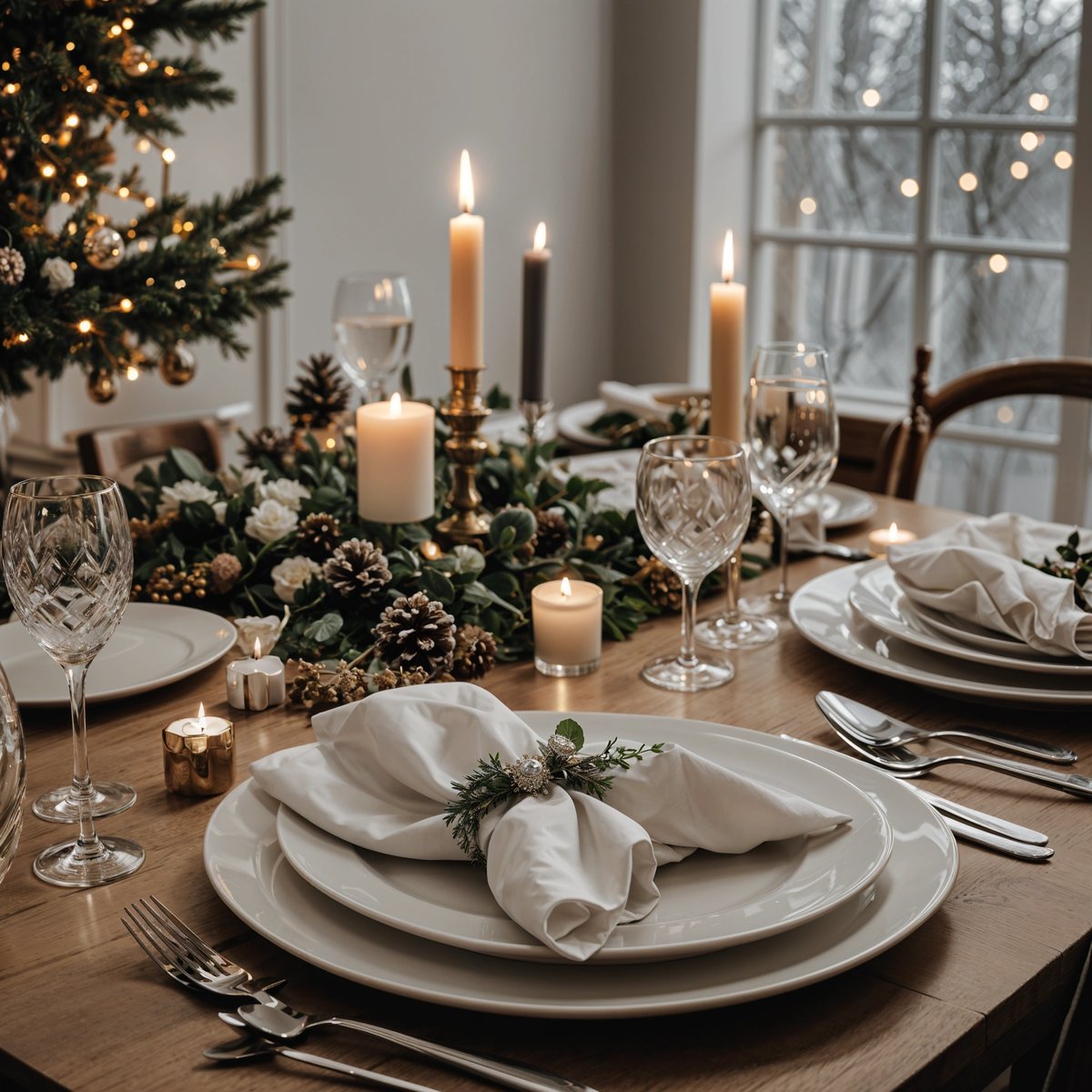 A dinner table set for a holiday meal with candles, wine glasses, and a Christmas tree in the background.