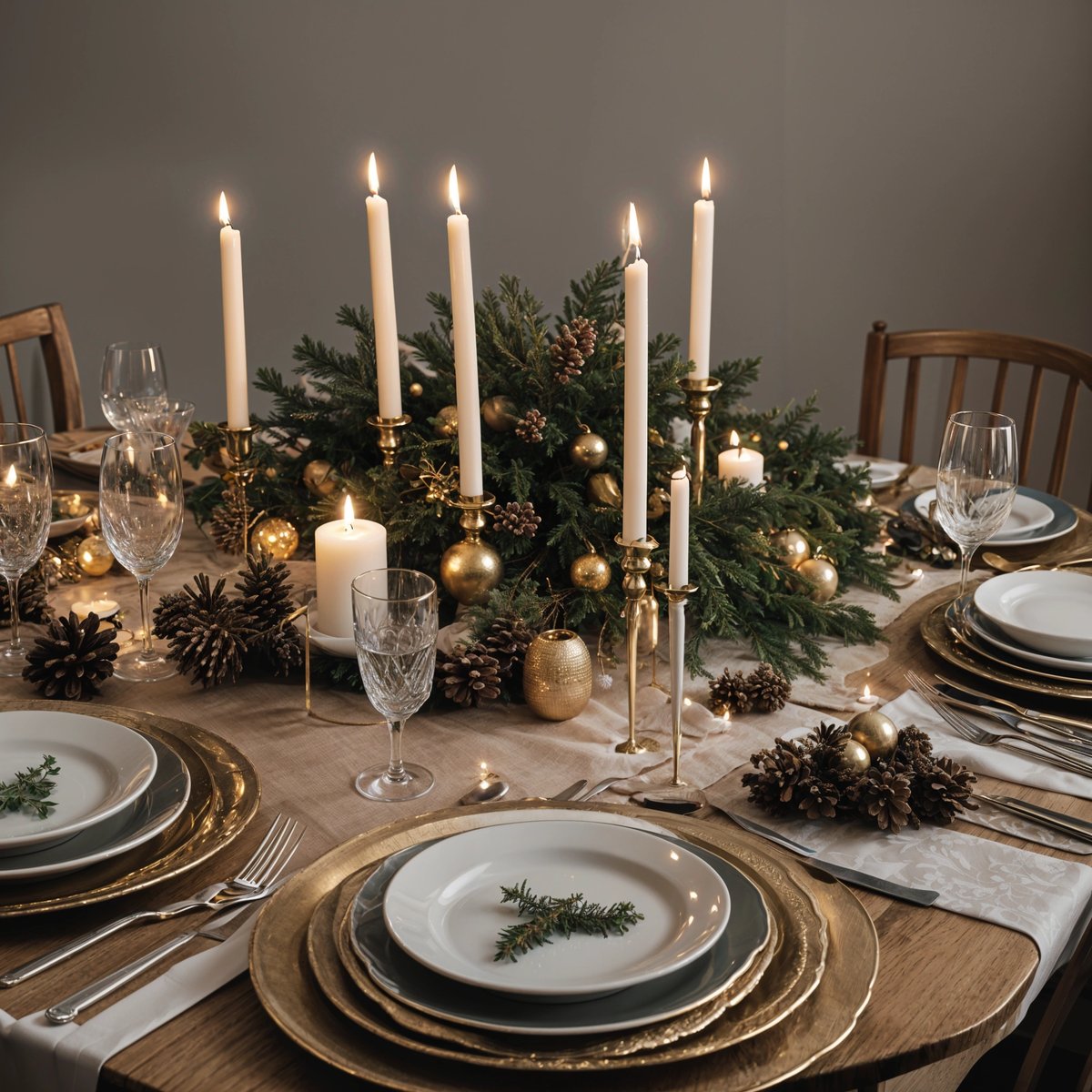 A dinner table set for a holiday meal with candles, gold plates, and a centerpiece of pine cones and gold ornaments.