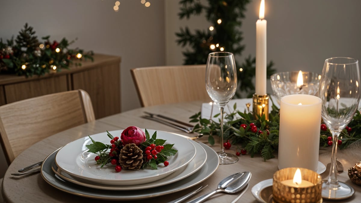 A dinner table set with a pinecone centerpiece and red berries. The table is adorned with a candle and a wine glass.