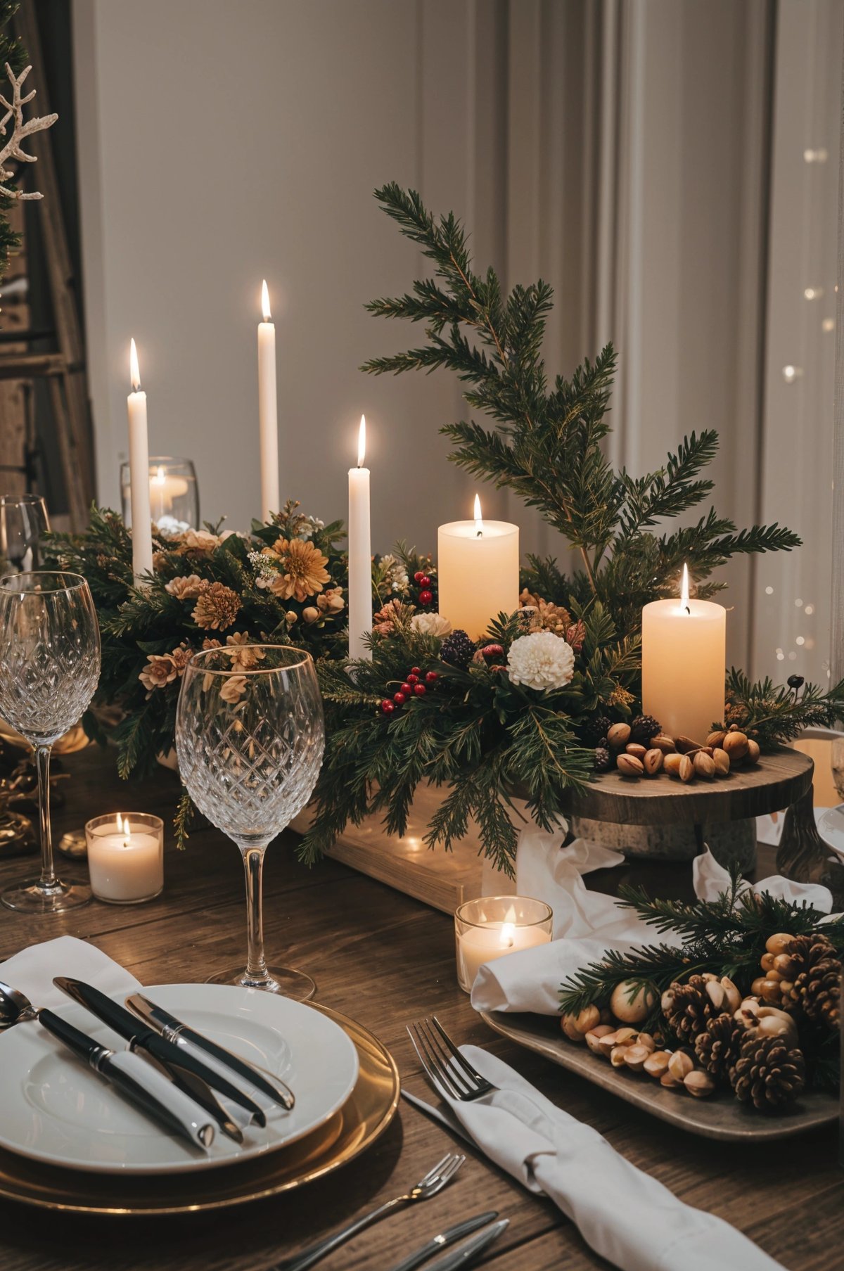 A table set for a romantic dinner for two with candles and a pine tree centerpiece.