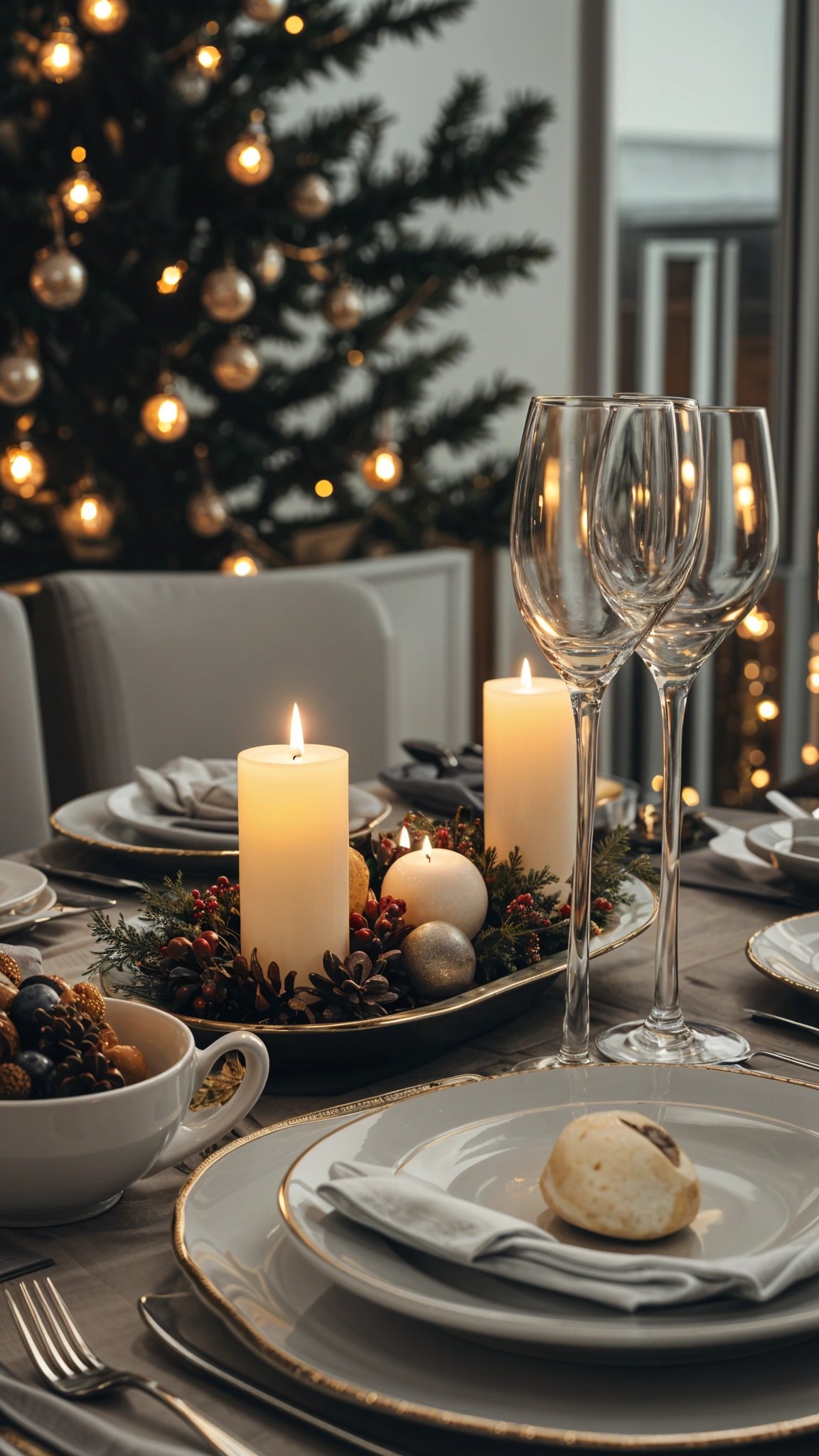 A holiday dinner table with candles and wine glasses
