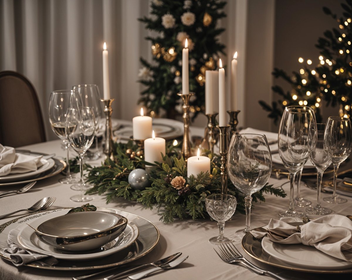 A table set for a holiday meal, with candles and greenery as a centerpiece. The table is set with plates, forks, knives, and spoons.