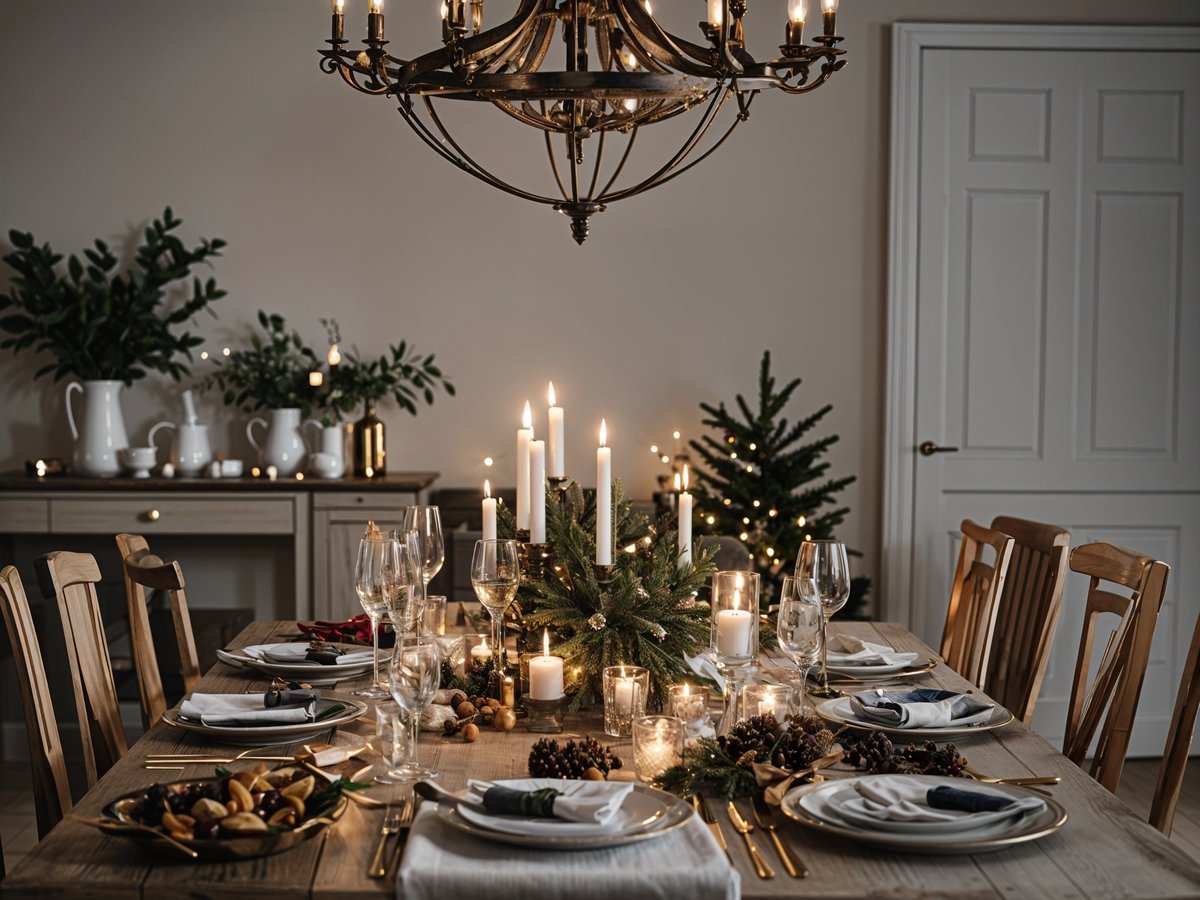 A dinner table set with candles and a Christmas tree in the background.