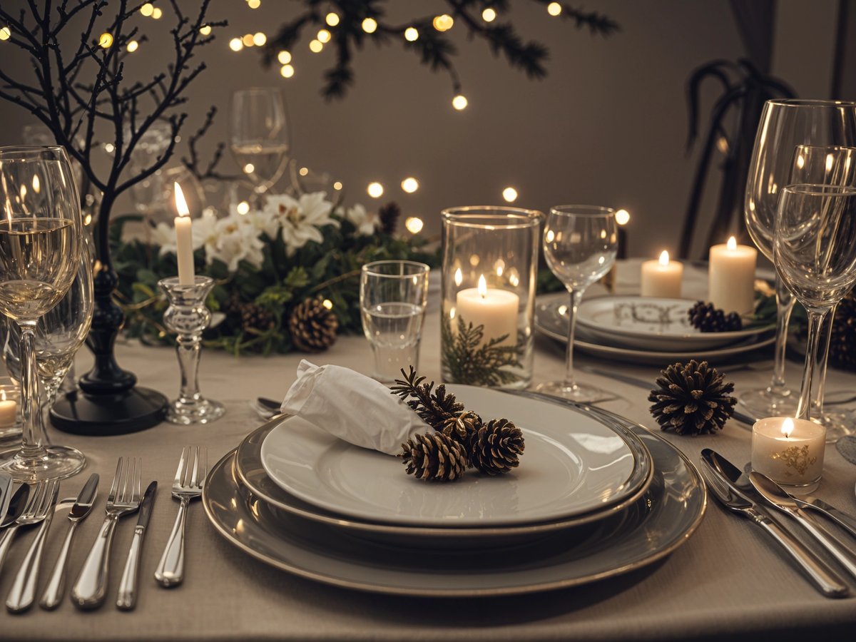 A dinner table set for two with pine cones and candles.
