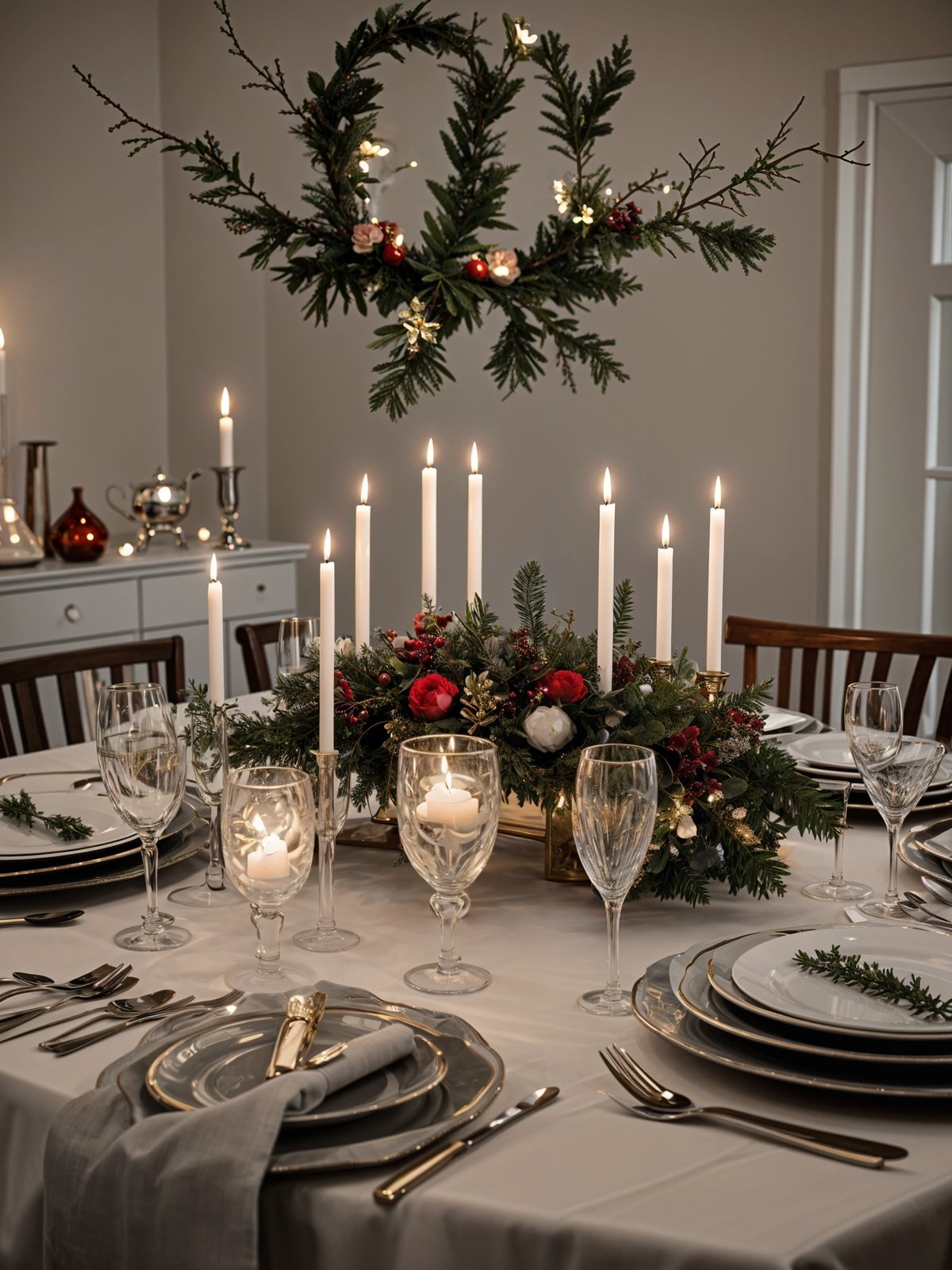 A table set for a holiday meal with candles and a wreath as a centerpiece.