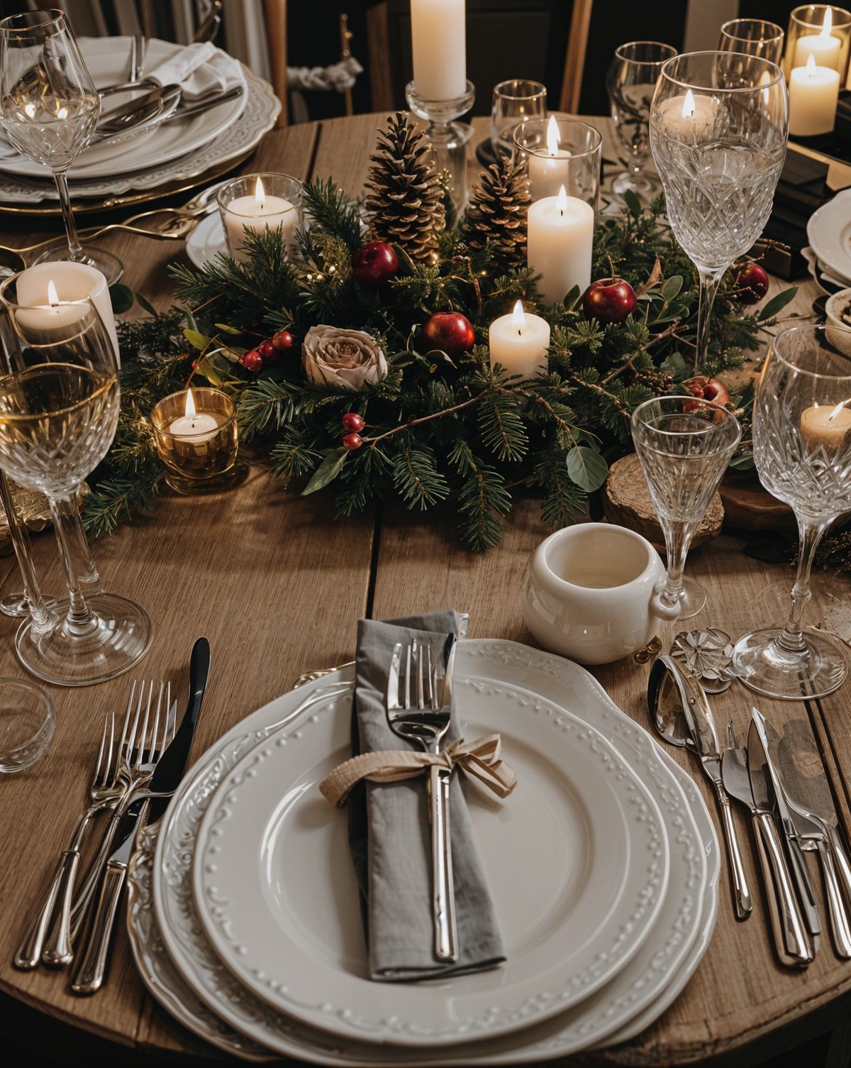A dinner table set with a white plate, fork, knife, and napkin. The table is adorned with candles and a centerpiece of pine cones and berries.