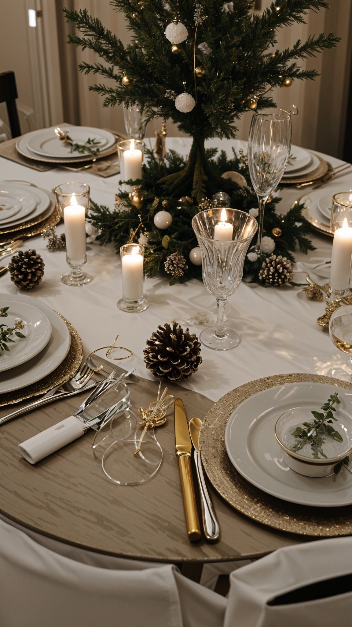 A dinner table set for a holiday meal with candles, wine glasses, and a centerpiece of pine cones and ornaments.