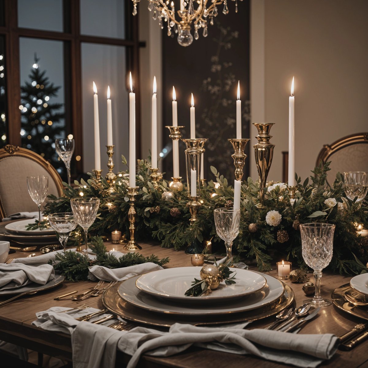A dinner table set with candles and a garland, ready for a festive meal.