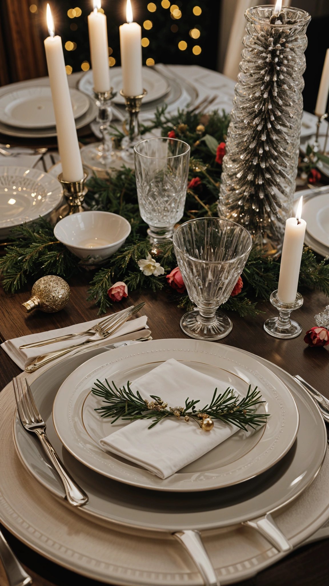 A table set for a holiday dinner with candles, pine cones, and berries as a centerpiece.