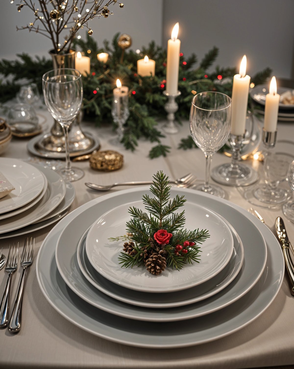 A dinner table set with a small tree decoration in the center of the plate. The table is set for a festive and elegant meal.