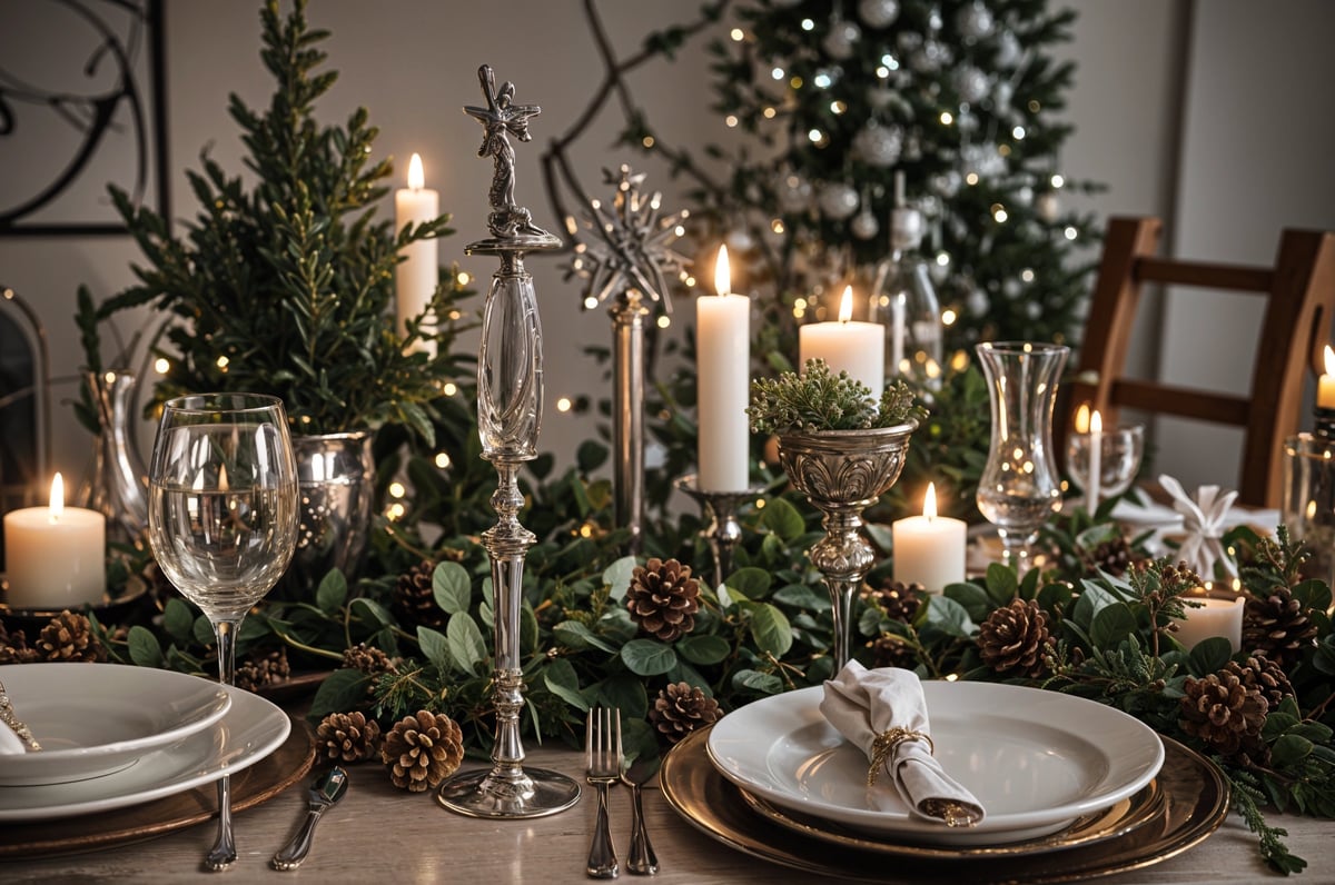 A dinner table set for a holiday meal with candles, silverware, and greenery.