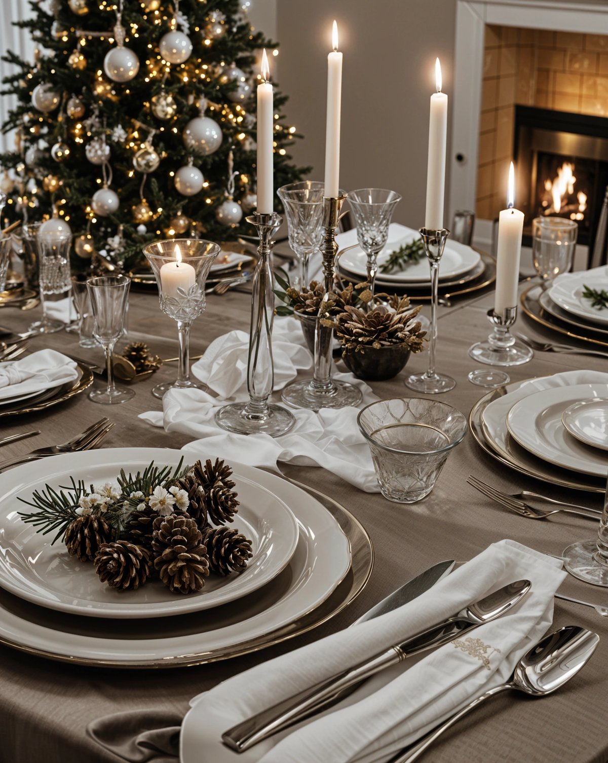A table set for Christmas dinner with a white tablecloth, candles, and pine cones as decorations.