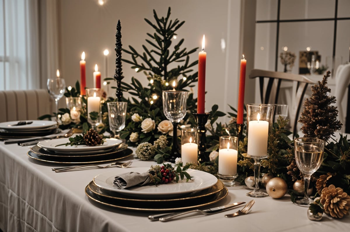 A dinner table with candles and a pine tree in the background. The table is set with plates, forks, knives, and spoons.