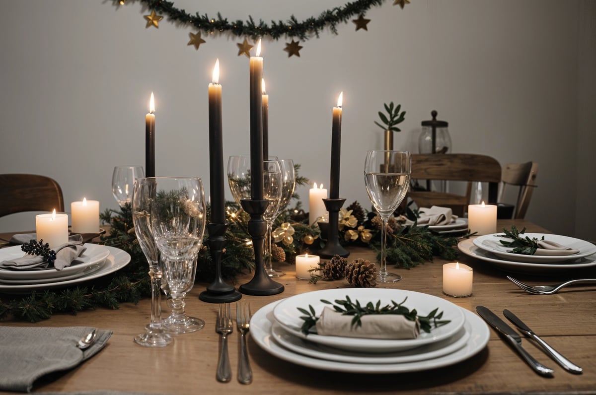 A dinner table set for a festive meal with candles, plates, and silverware.