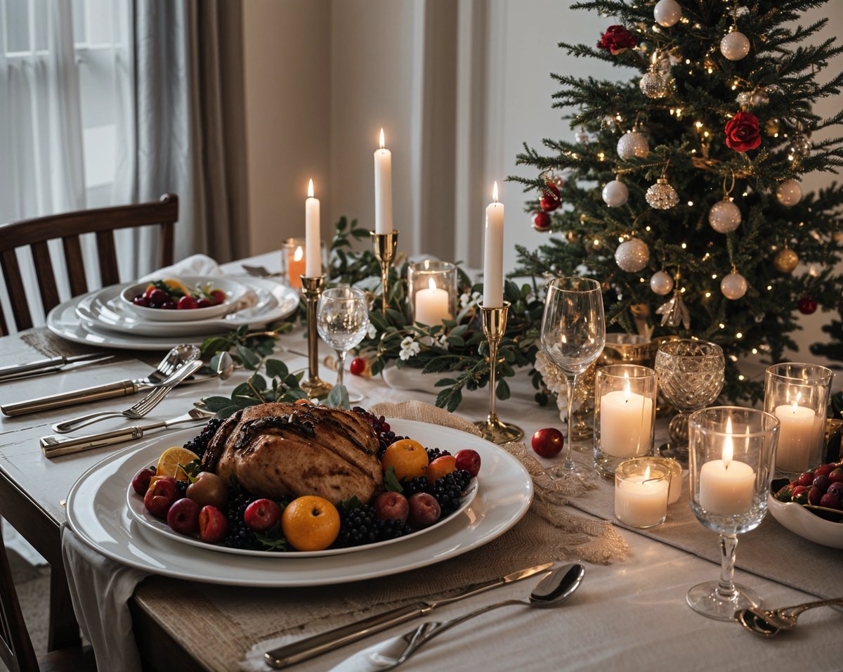 A Christmas dinner table with a turkey and fruit. The table is set with candles and a Christmas tree in the background.