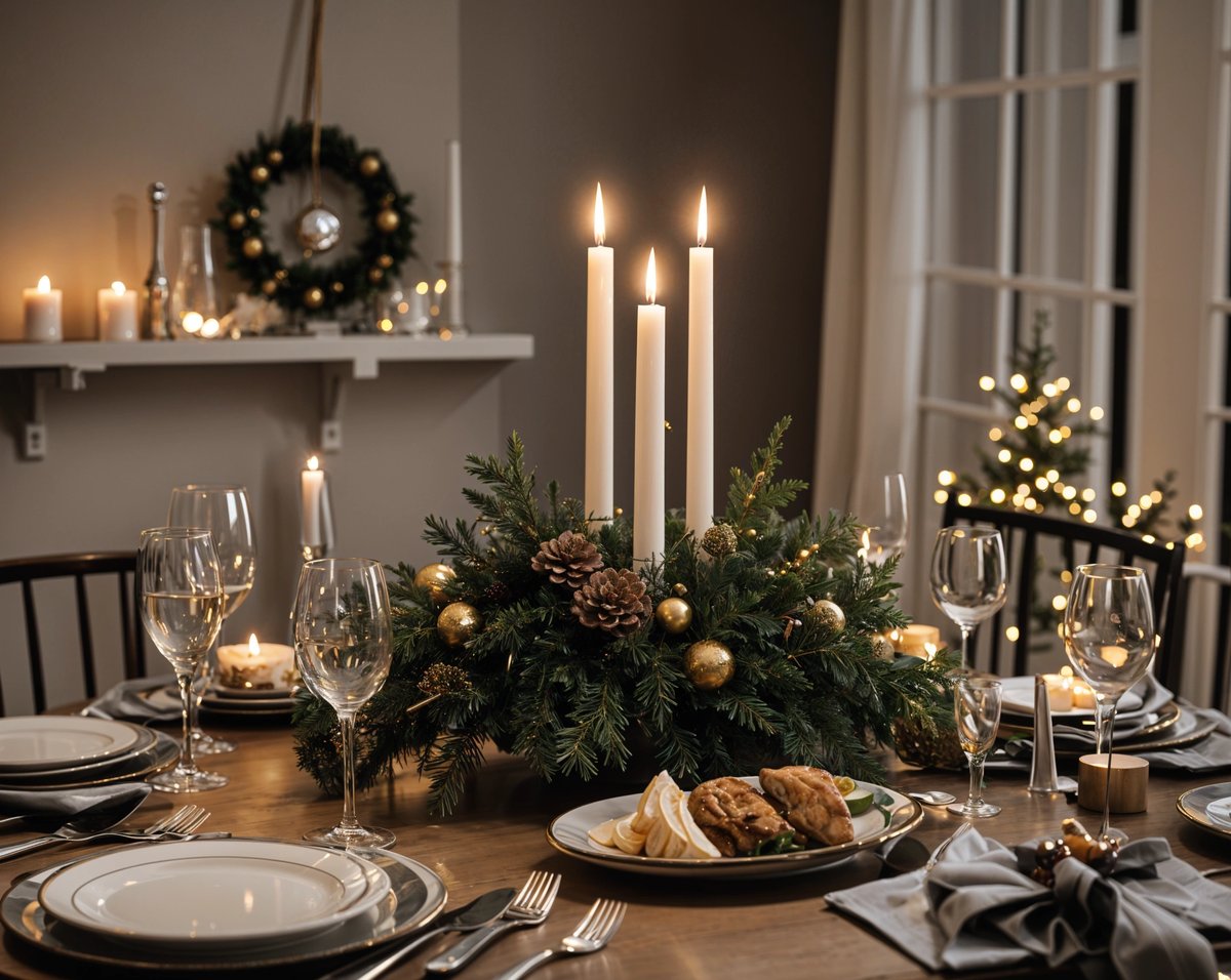 A dinner table set for Christmas with candles and a centerpiece of pine cones and gold ornaments.