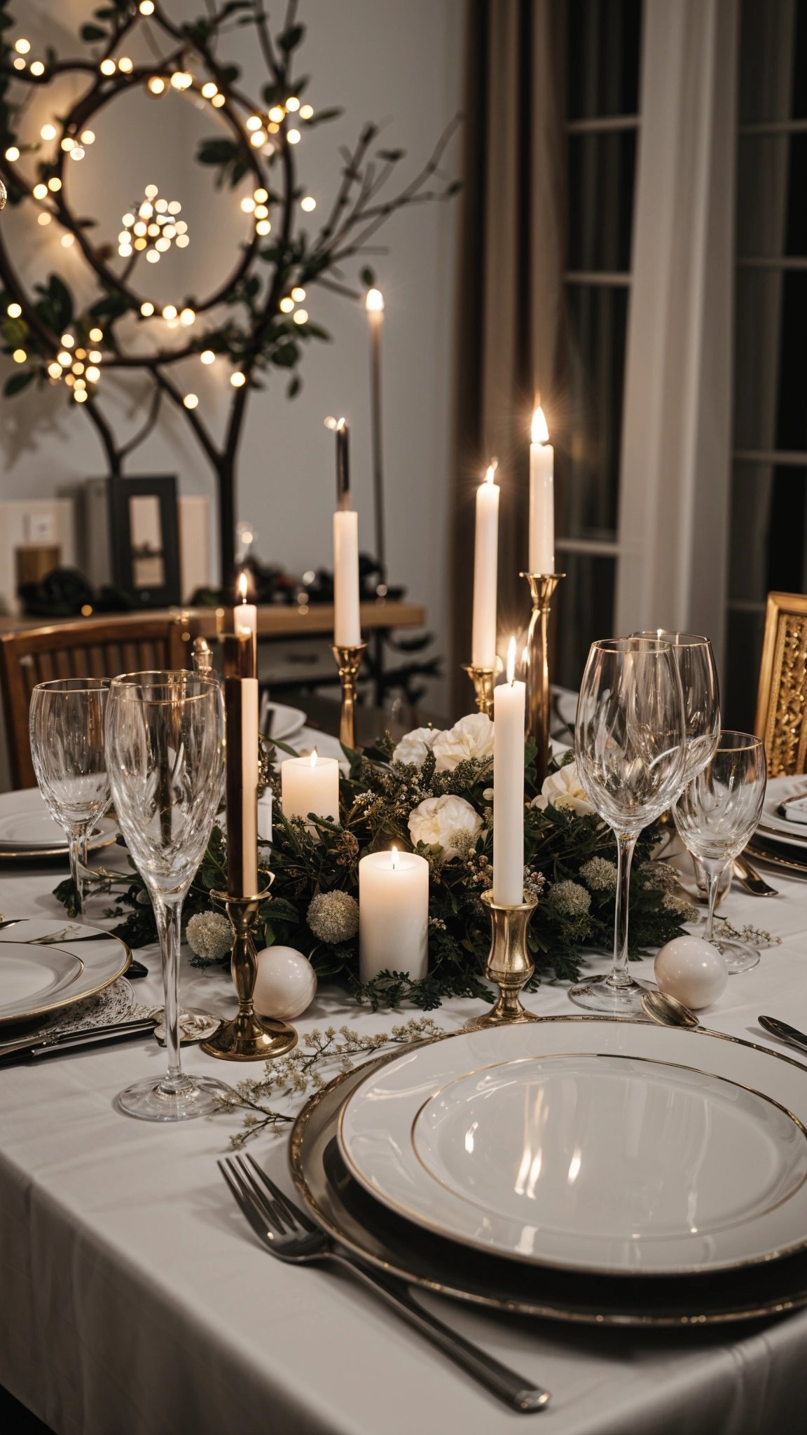 A dinner table set with gold candles and wine glasses, adorned with white flowers and candles.