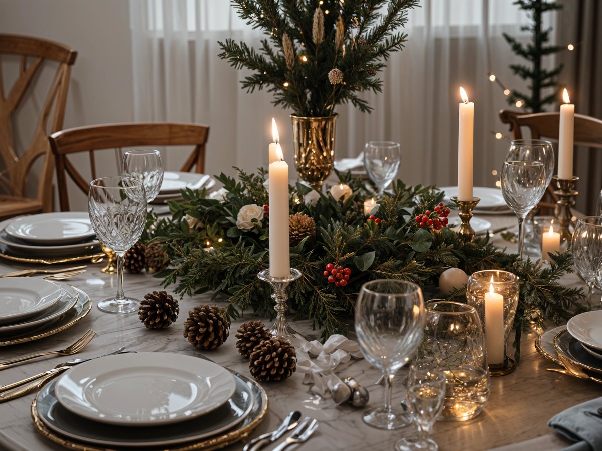 A table set for a holiday dinner with candles, pine cones, and berries as a centerpiece.