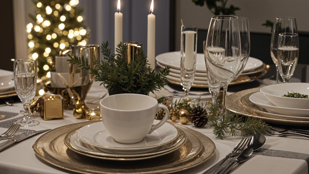 A dinner table set for a special occasion or holiday celebration. The table is adorned with candles and pine cones, and the dinnerware is gold and white.