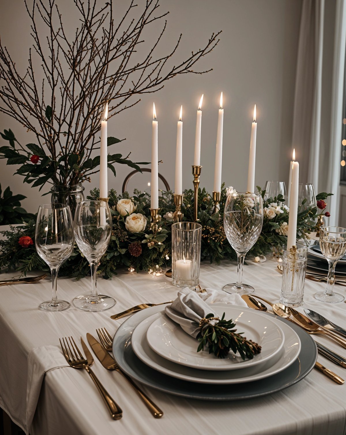 A fancy dinner table with a white tablecloth, gold plated silverware, and candles. The table is set for a formal dinner with a beautiful centerpiece of flowers and candles. The table is adorned with wine glasses and a vase of flowers. The table is set for a special occasion or a romantic dinner for two.