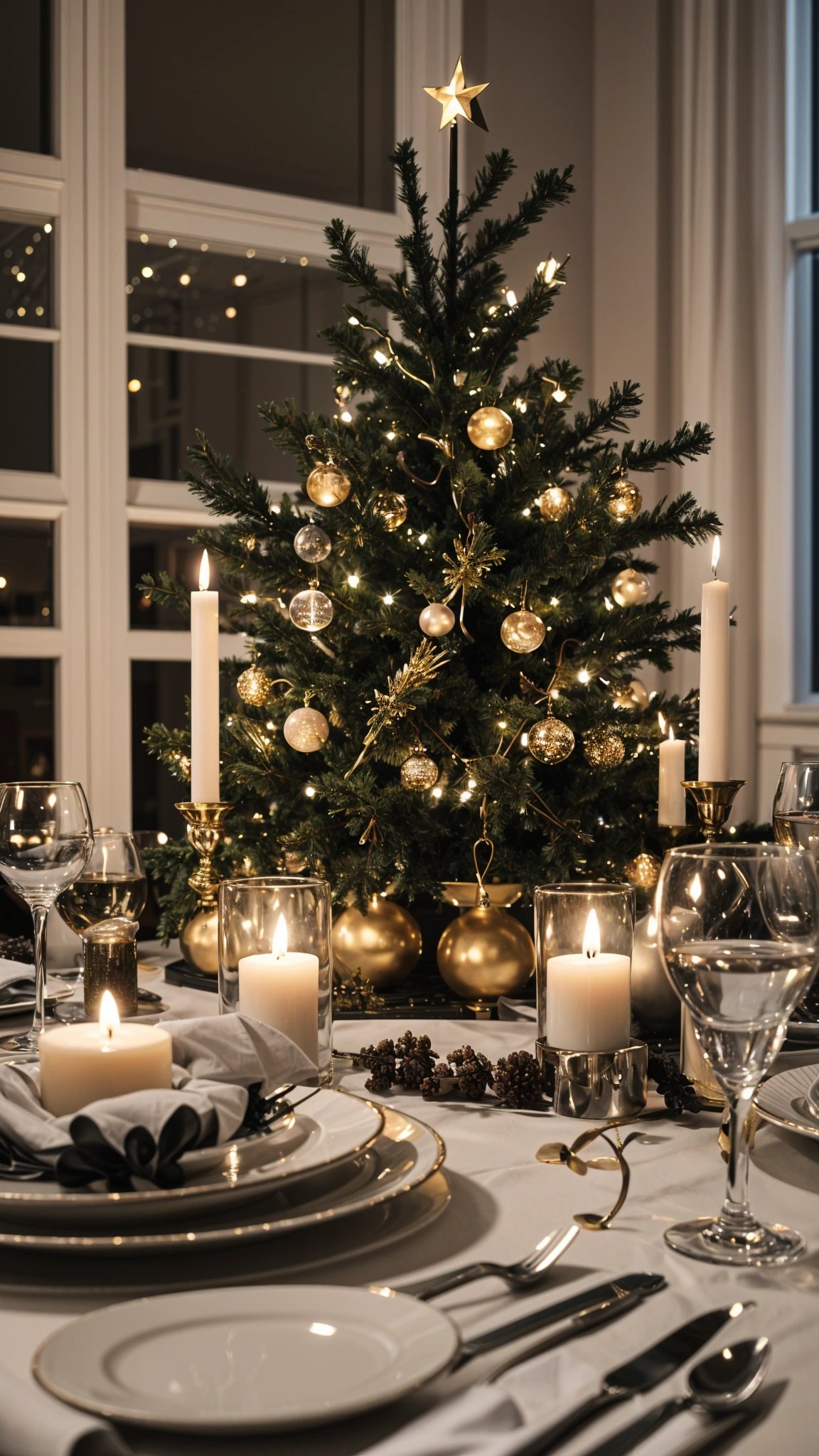 A Christmas tree with gold ornaments and candles on a dinner table. The table is set with wine glasses and candles.