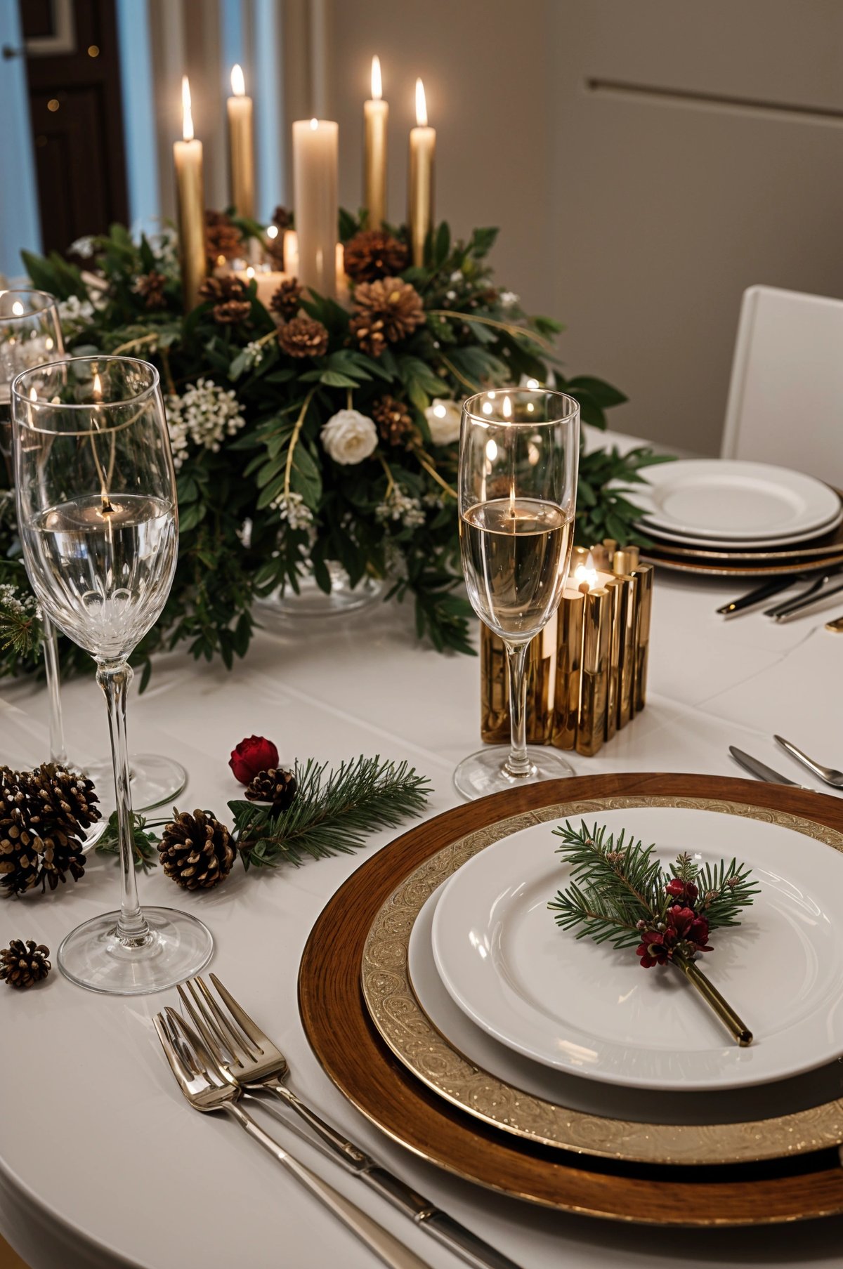 A table set for a fancy dinner with candles, wine glasses, and a centerpiece. The table is adorned with holly and pinecones, giving it a festive touch.
